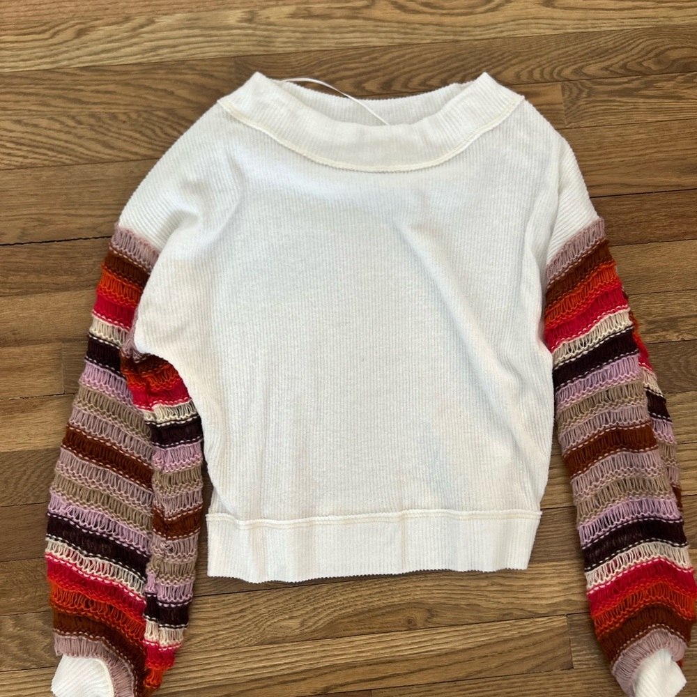 Free People White Sweater with Striped Sleeves